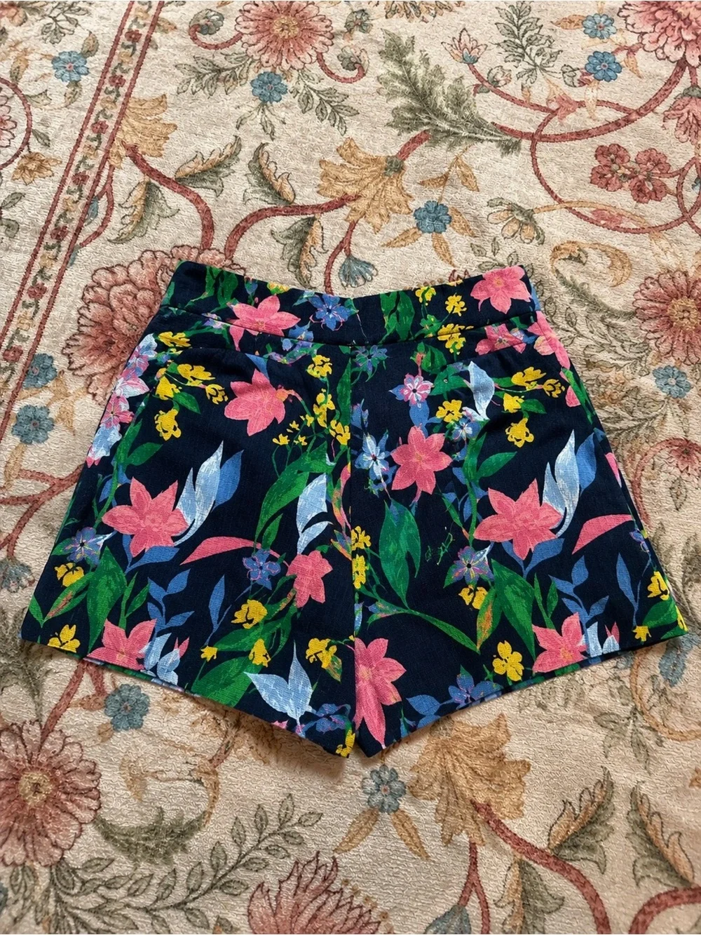 J. Crew Navy High-Waist Floral Shorts with Pink & Green
